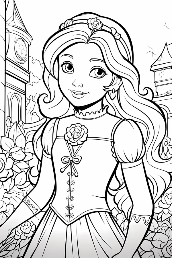 Cute cartoon princess with long wavy hair, fairy tale theme — free printable princess coloring book page
