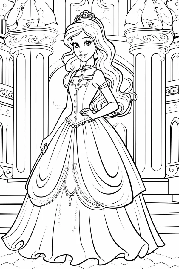 Palace princess in elegant long dress, cartoon fairy tale style — free printable princess coloring book page