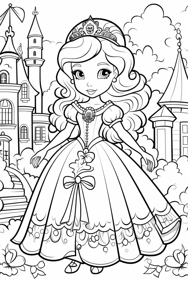Cute fairy tale princess with crown and gem necklace, wearing elegant puffy-sleeve long dress with bow — free printable castle coloring book page