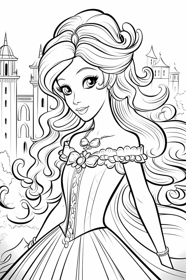 Elegant princess with long curly hair, cartoon style — free printable princess coloring book page