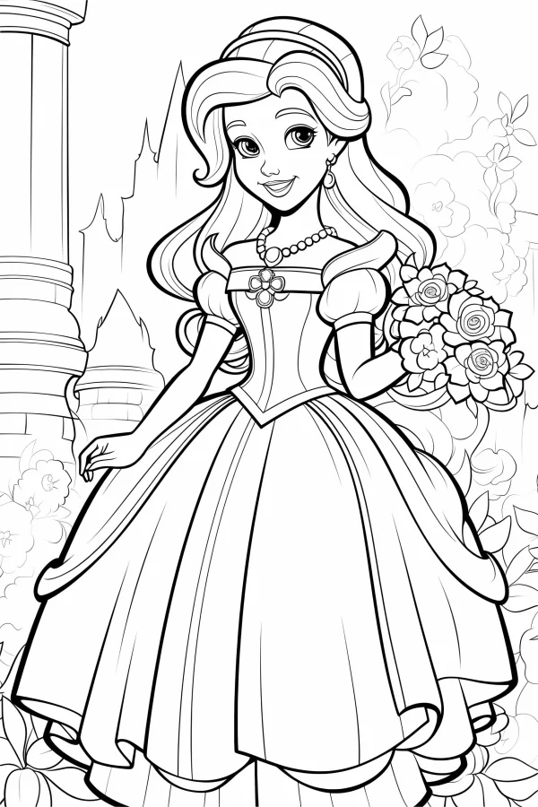 Elegant princess holding a bouquet of roses, cartoon fairy tale style — free printable castle coloring book page