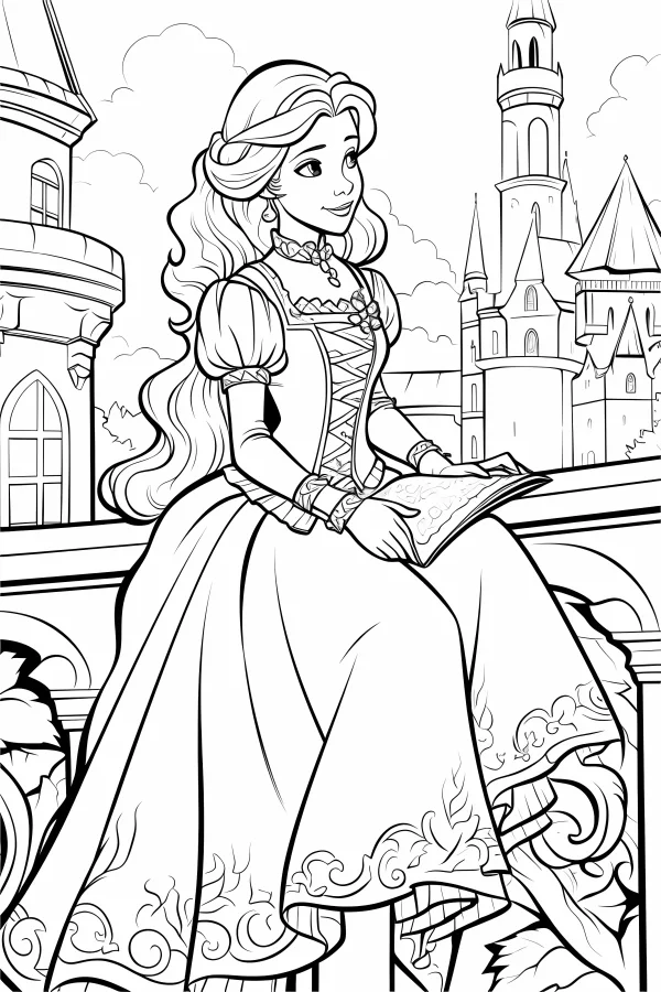 Princess reading book on castle terrace, cartoon fairy tale style — free printable princess coloring book page
