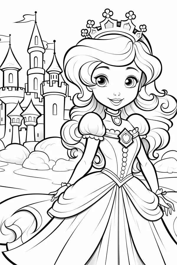 Cute princess with crown and curly hair, cartoon style — free printable princess coloring book page