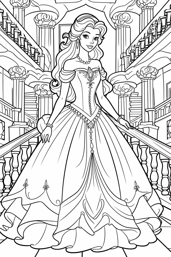 Elegant palace princess, fairy tale cartoon style — free printable court coloring book page