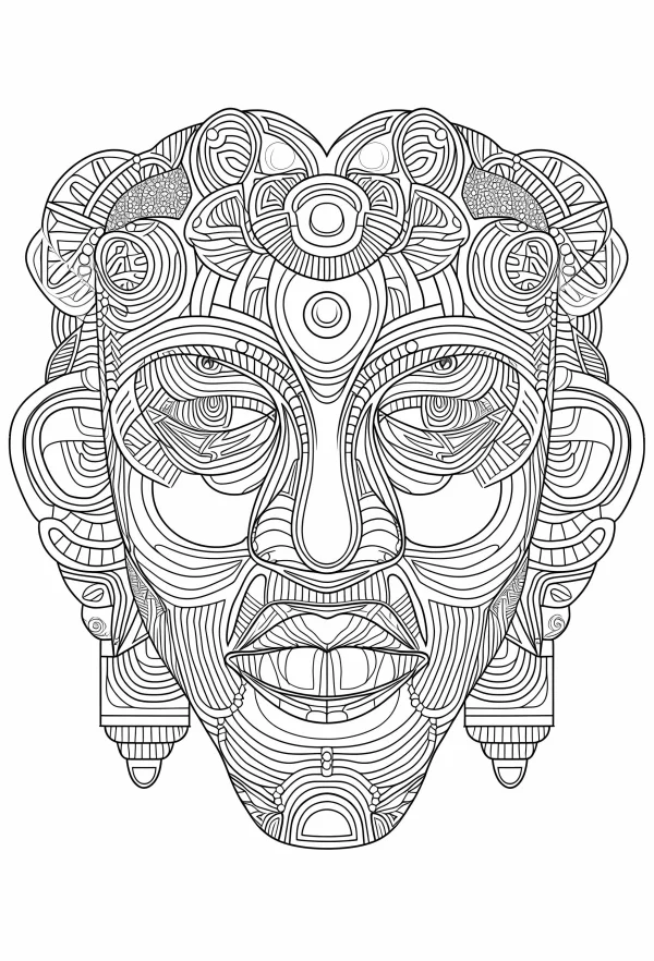 Mayan totem mask, intricate symmetric geometric zentangle patterns — free printable indigenous coloring book page