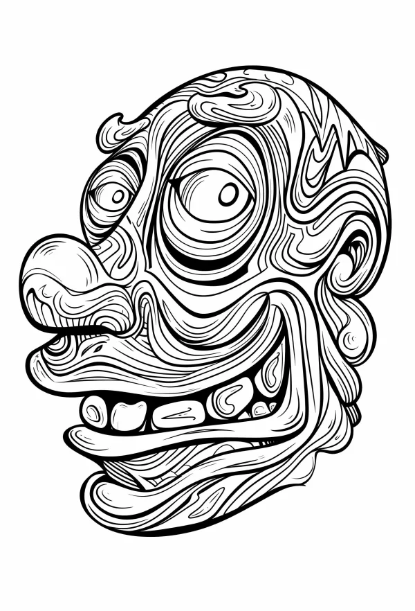 Tribal style weird face, abstract organic curved line art — free printable indigenous coloring book page