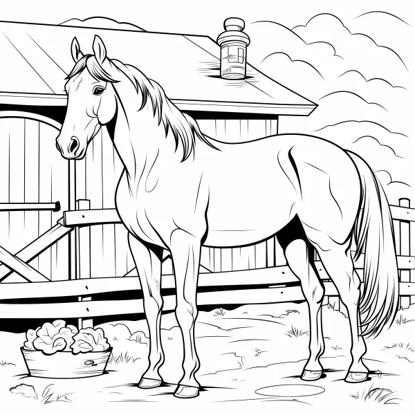 Horse standing in front of farm barn, realistic line art style — free printable farm life coloring book page