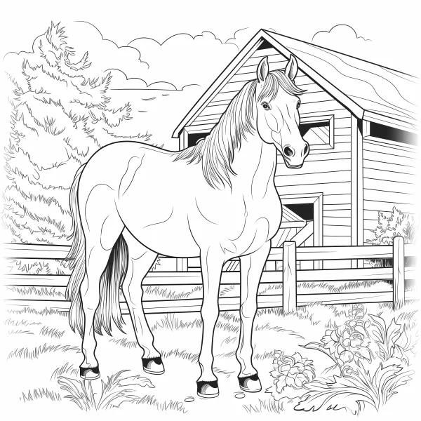 Horse standing in farm yard in front of wooden barn, realistic line art style — free printable farm coloring book page