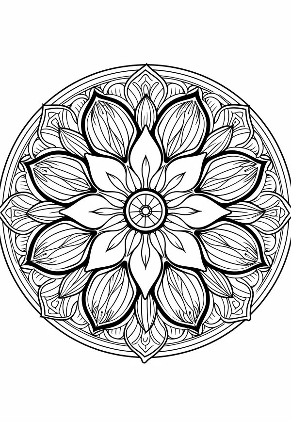 Coloring book page, mandala-style floral pattern — free printable mandala coloring book page