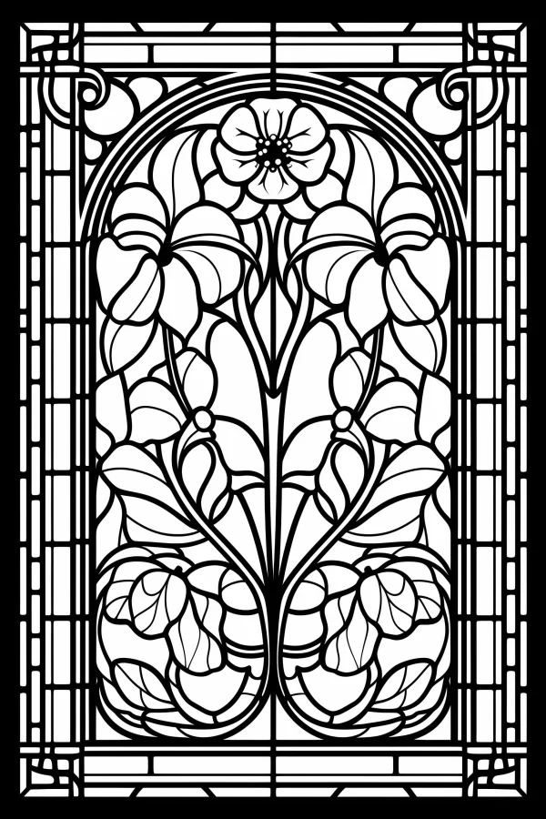 Art nouveau style floral stained glass window, symmetrical organic flower and leaf patterns with geometric frame — free printable art nouveau coloring book page