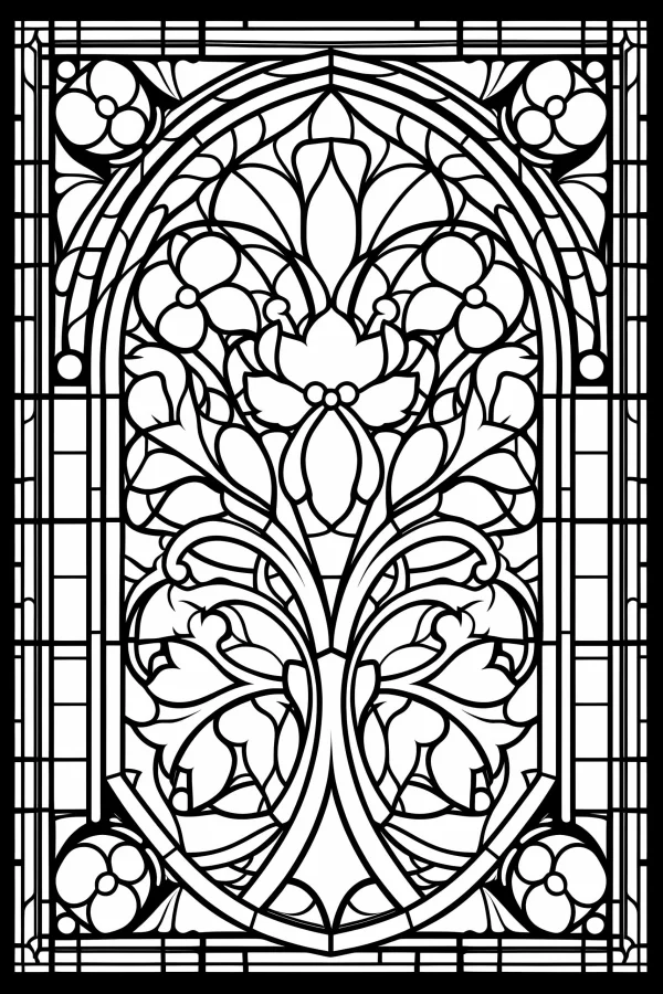 Gothic floral stained glass window, gothic and art nouveau style — free printable gothic coloring book page