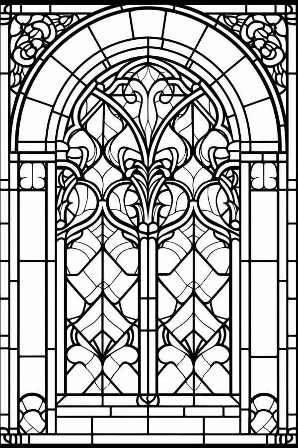 Coloring book page, gothic stained glass window — free printable gothic coloring book page