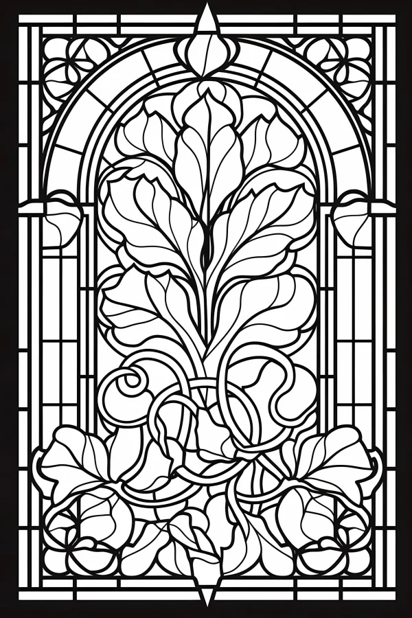 Art nouveau style vine and plant stained glass pattern, intricate symmetrical organic leaf and vine designs — free printable art nouveau coloring book page