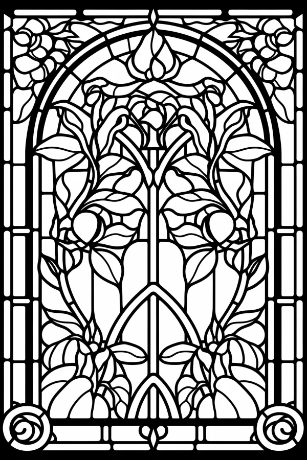 Art nouveau style decorative stained glass with floral and vine patterns, intricate symmetrical botanical designs — free printable art nouveau coloring book page
