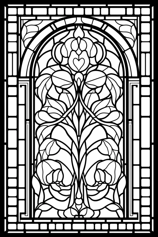Art nouveau style stained glass window with floral patterns, intricate symmetrical organic and geometric lines — free printable art nouveau coloring book page
