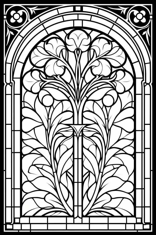 Coloring book page, art nouveau style vine and floral window panel — free printable art nouveau coloring book page