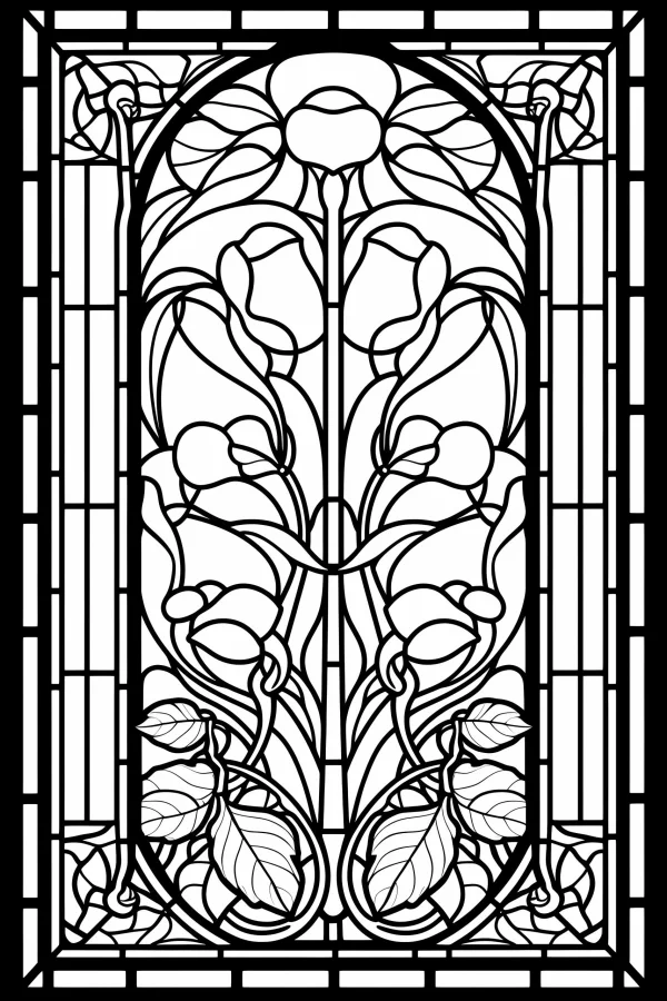 Art nouveau style floral stained glass window, intricate symmetrical line art with flowers — free printable art nouveau coloring book page