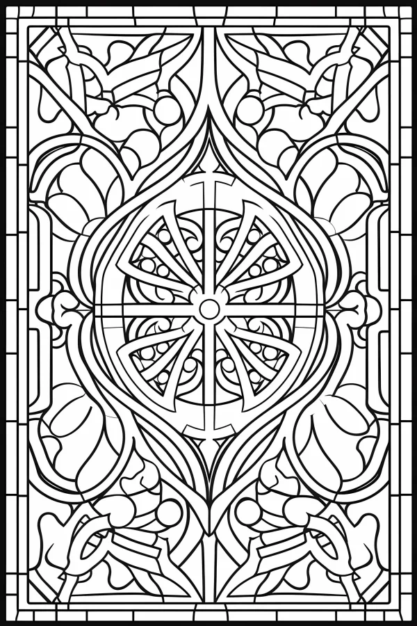 Gothic stained glass pattern, gothic and art deco style — free printable euro-american culture coloring book page