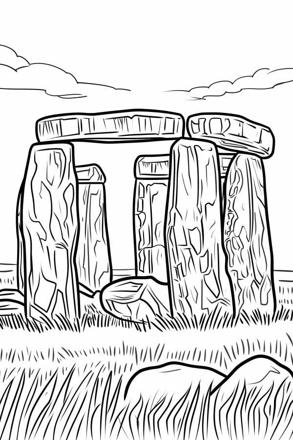 Stonehenge prehistoric monument, realistic line art style — free printable historical sites coloring book page