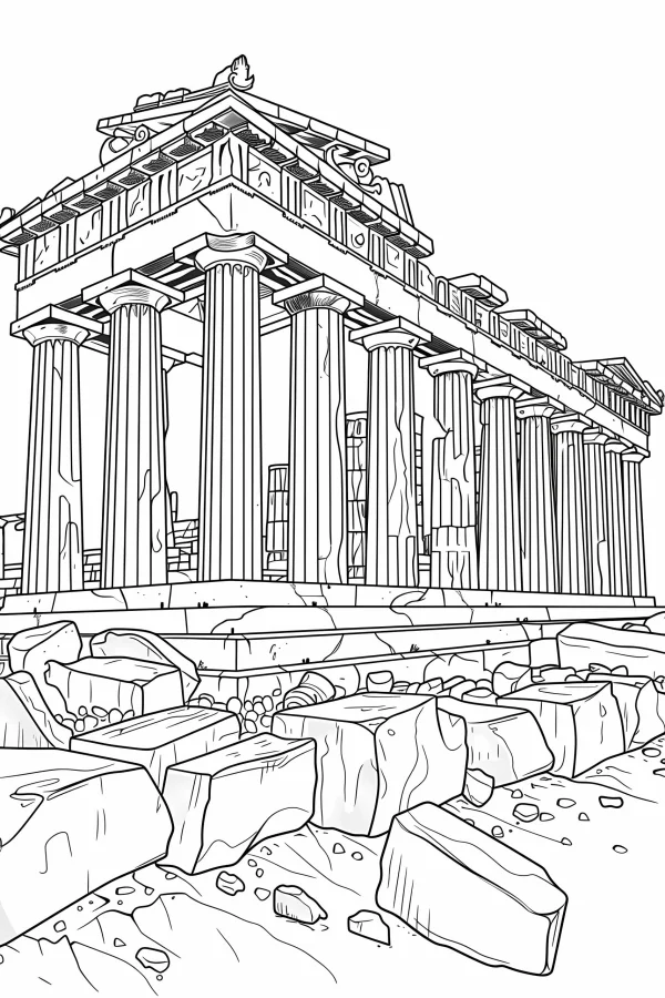 Ancient greek temple ruins, realistic classical art style — free printable greek culture coloring book page
