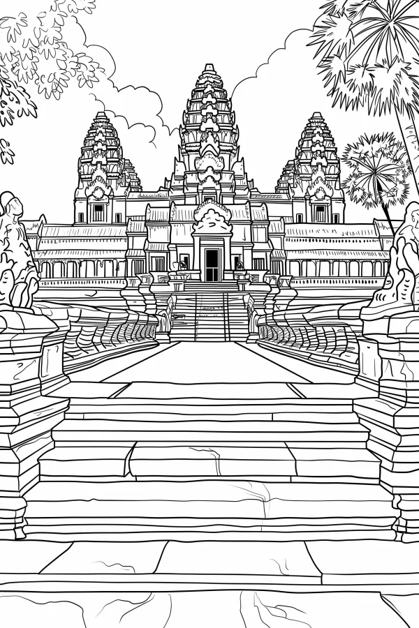 Angkor wat ancient temple, traditional southeast asian architectural style — free printable southeast asian culture coloring book page