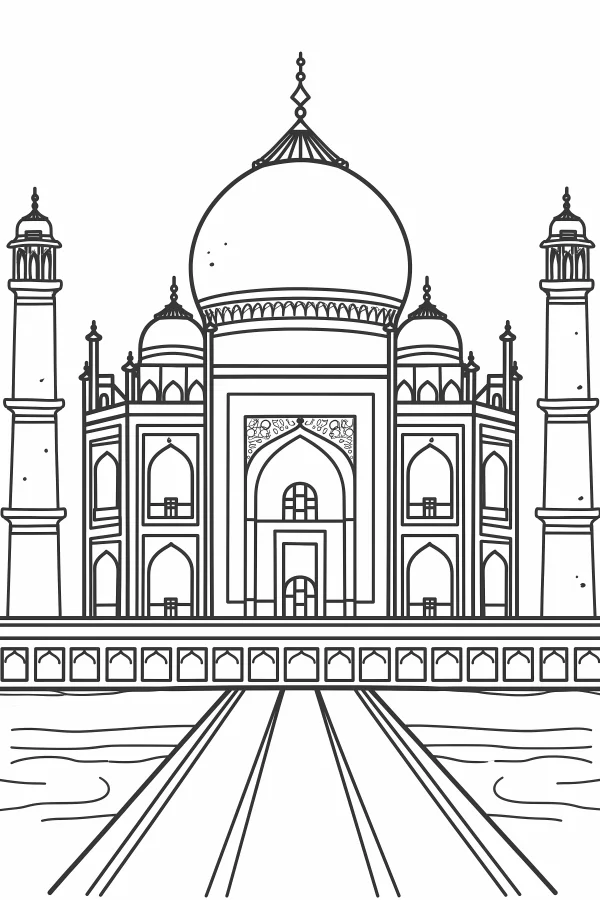 Taj mahal building, realistic architectural style — free printable indian culture coloring book page