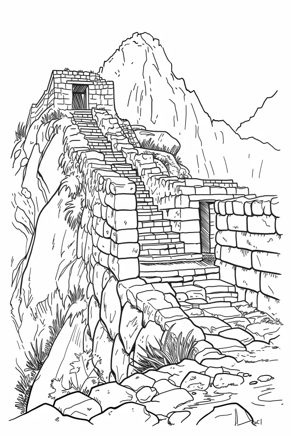 Machu picchu stone buildings with mountains, realistic style — free printable latin america coloring book page