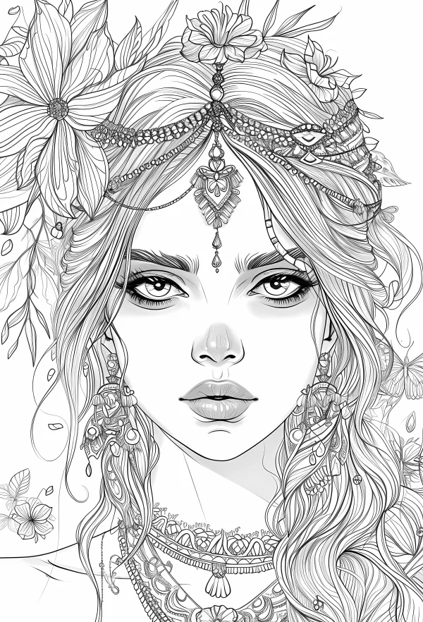 Elf girl with floral headdress and bohemian jewelry, illustration style — free printable bohemian coloring book page