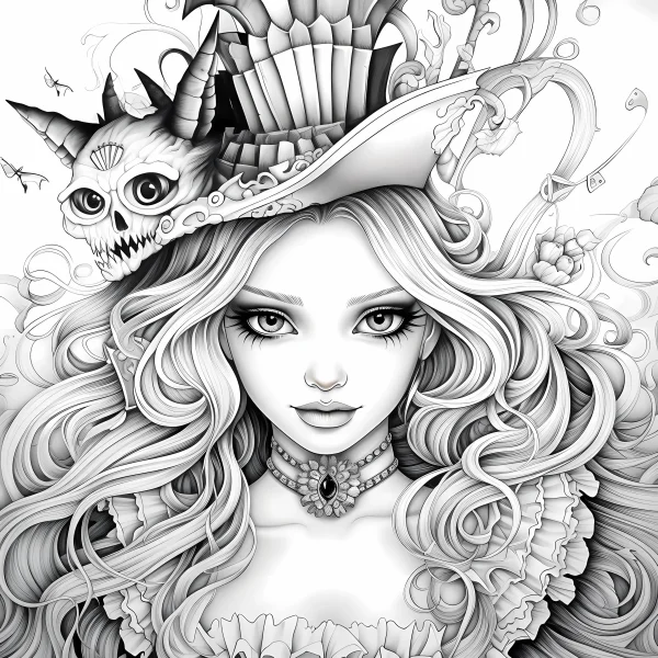 Gothic fantasy girl with long curly hair, wearing a hat with horned skull — free printable gothic coloring book page