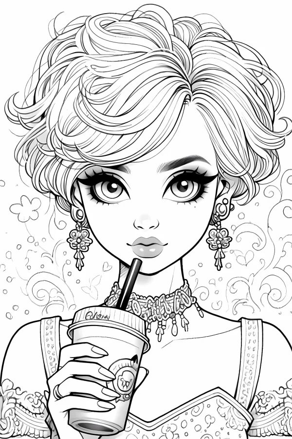 Coloring book page, fashionable cartoon girl with curly hair holding a cola cup — free printable daily life coloring book page