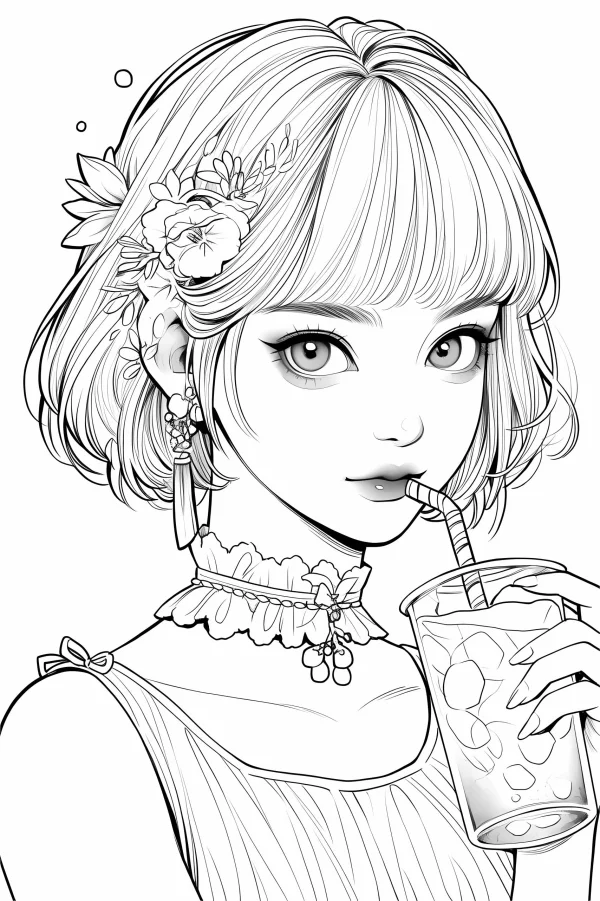 Short-haired girl with flowers in hair, anime style — free printable daily life coloring book page