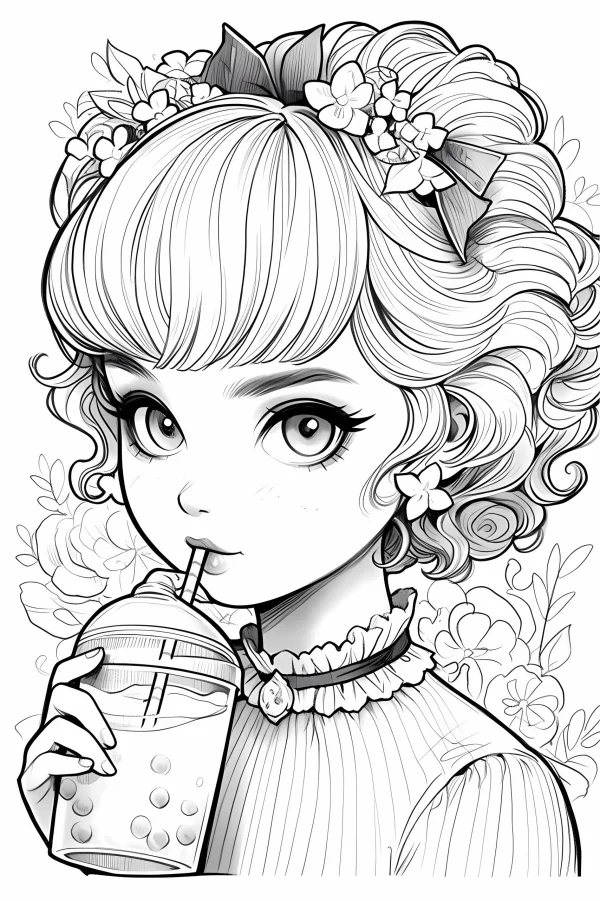 Curly-haired girl drinking bubble tea, cartoon style — free printable girl coloring book page