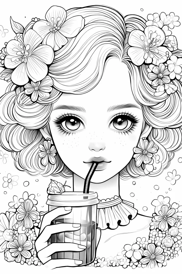 Girl with flowers in curly hair holding a drink cup with straw, cartoon style — free printable leisure coloring book page