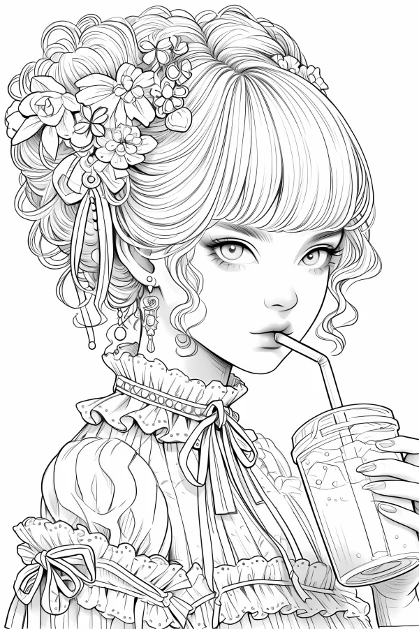 Lolita-style girl with floral hair accessories, drinking bubble drink through a straw — free printable girl coloring book page