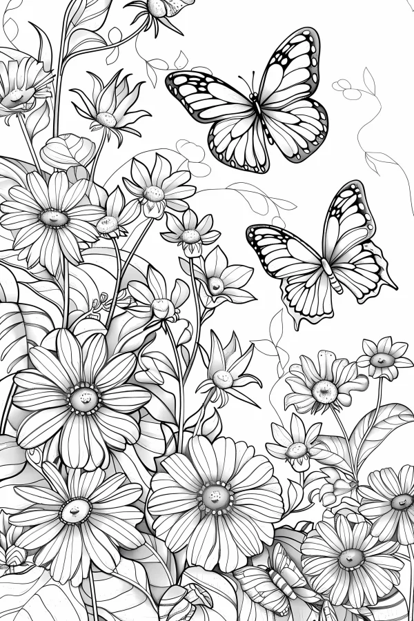Daisies and butterflies, natural theme — free printable animal theme coloring book page