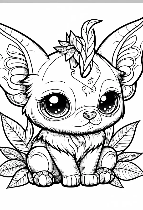 Cute fantasy small animal with big ears and horn decoration, cartoon style — free printable animal theme coloring book page