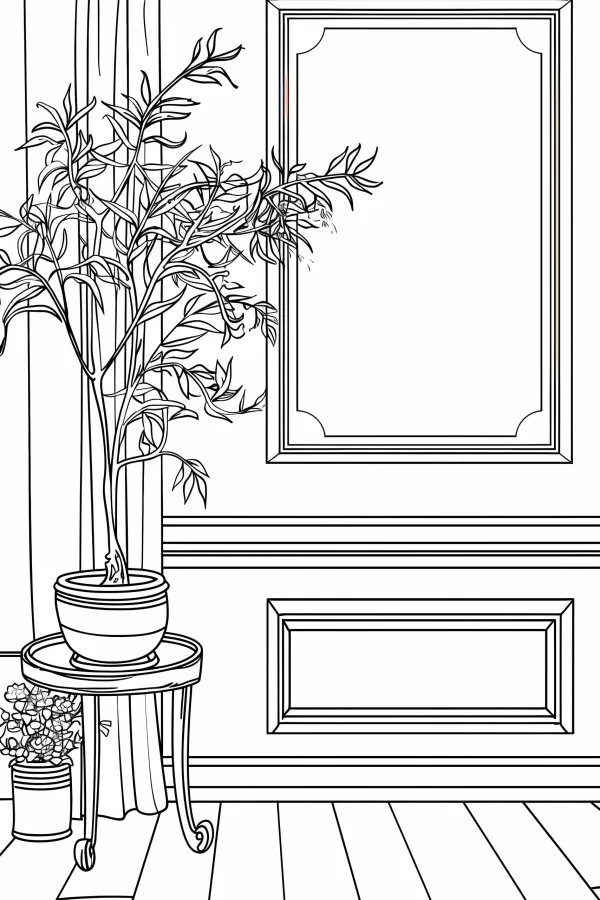 Indoor potted plant on metal stand, realistic line art style — free printable home coloring book page