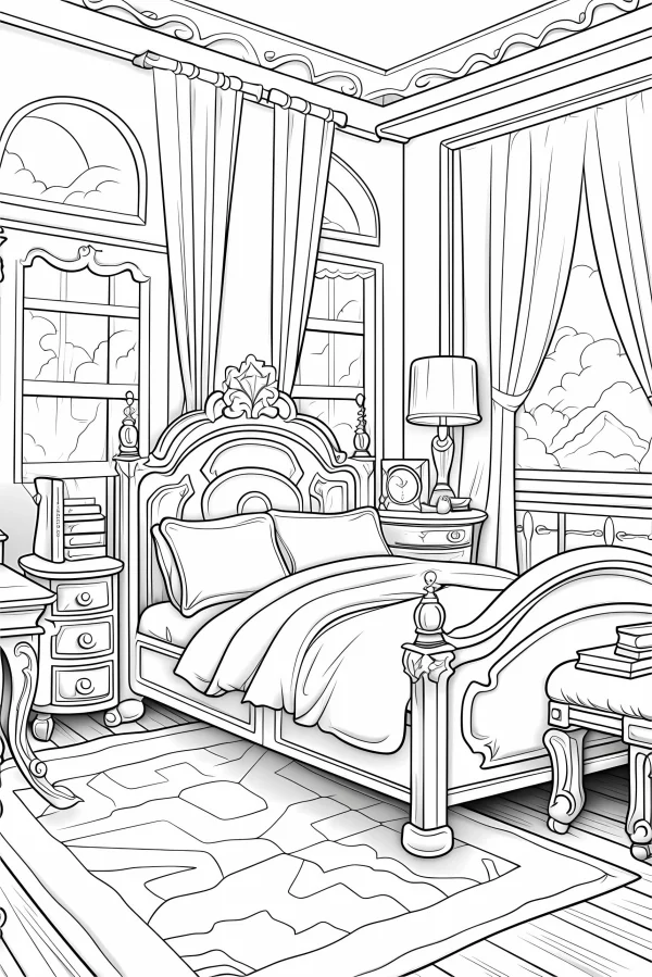 Elegant bedroom interior, realistic line art style — free printable home coloring book page