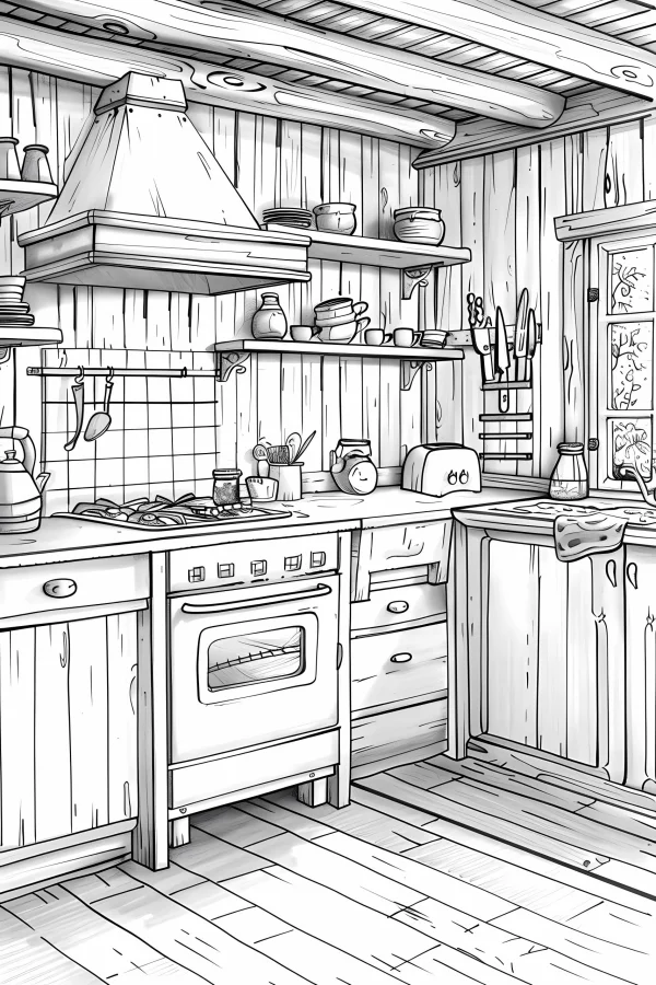 Rustic wooden kitchen interior scene, realistic style — free printable cooking coloring book page
