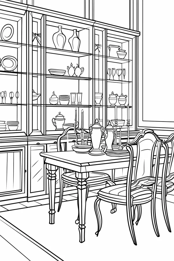 Dining room scene with cabinet, dining table and various tableware — free printable home coloring book page