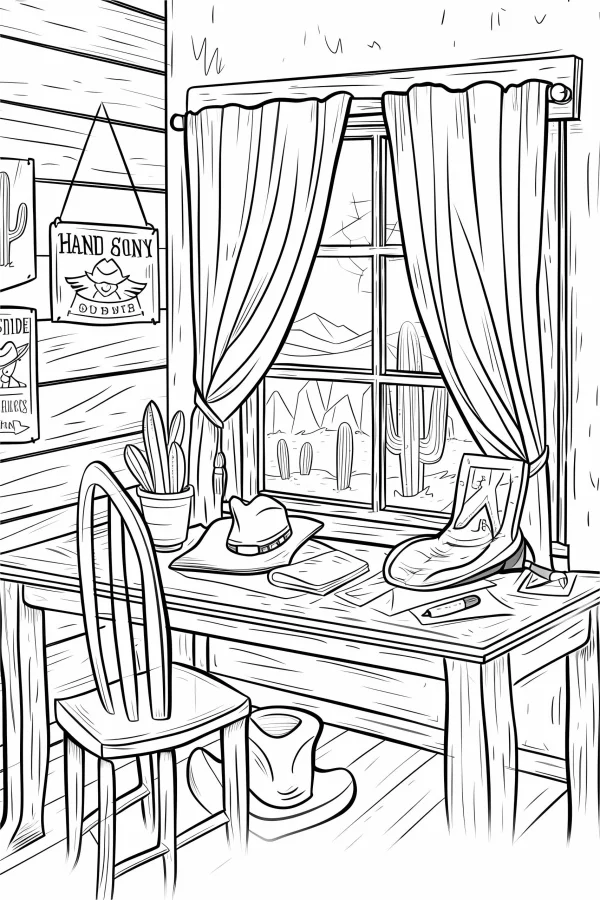 Western cowboy style indoor desk scene, cartoon art style — free printable desert coloring book page