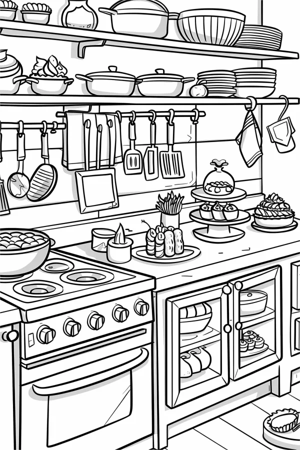 Cozy kitchen cooking scene, detailed kitchen interior with various kitchen utensils — free printable cooking coloring book page