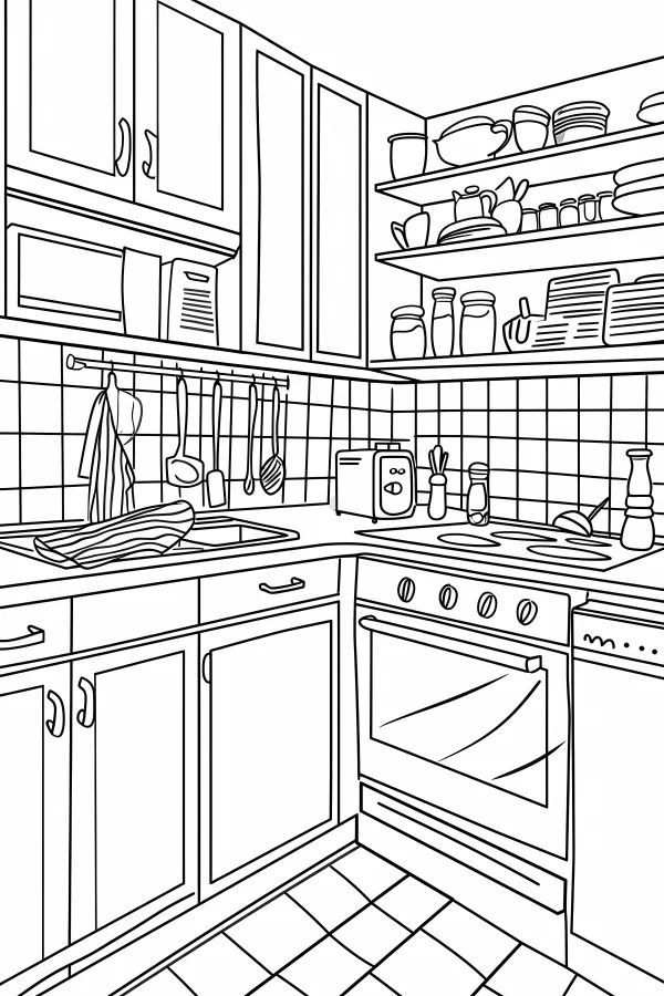 Kitchen interior scene, realistic illustration style — free printable cooking coloring book page
