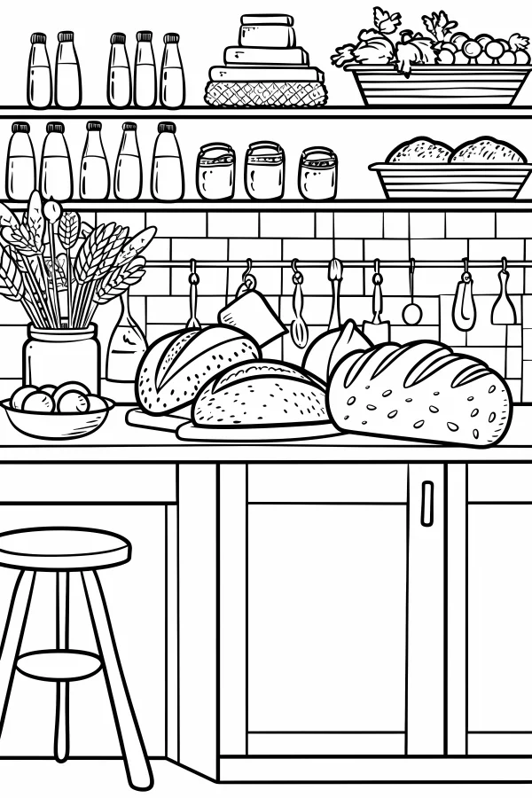 Kitchen counter with loaves of bread, cartoon style — free printable kitchen coloring book page