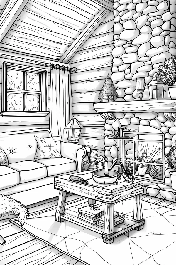 Cozy wooden cabin living room interior scene, realistic illustration style — free printable home life coloring book page