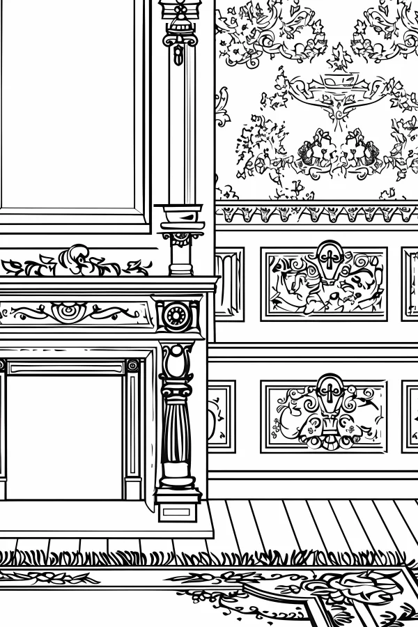Vintage european fireplace interior scene, art deco and retro style — free printable home coloring book page