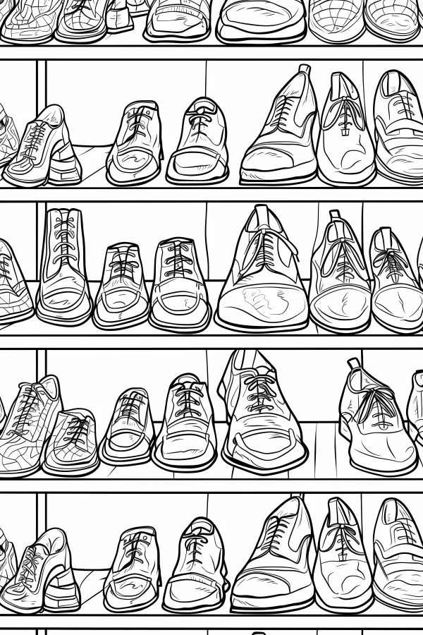 Coloring book page, various leather shoes displayed on shelves — free printable shopping coloring book page