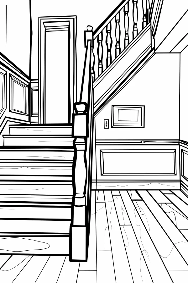 Indoor staircase scene, realistic illustration style — free printable home scene coloring book page