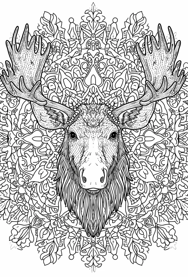 Moose head in mandala style, intricate symmetrical decorative patterns surrounding — free printable mandala coloring book page