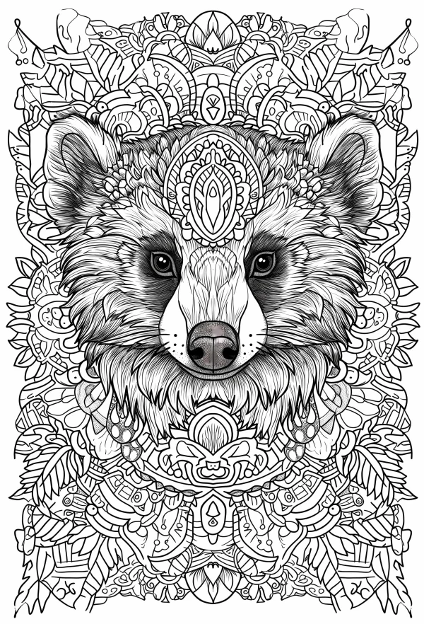 Mandala style raccoon head, intricate mandala patterns with leaves and vines surrounding — free printable mandala art coloring book page